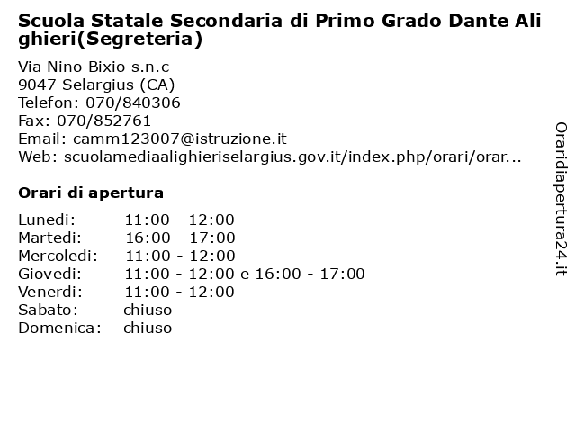 Orari di apertura Scuola Statale Secondaria di Primo Grado